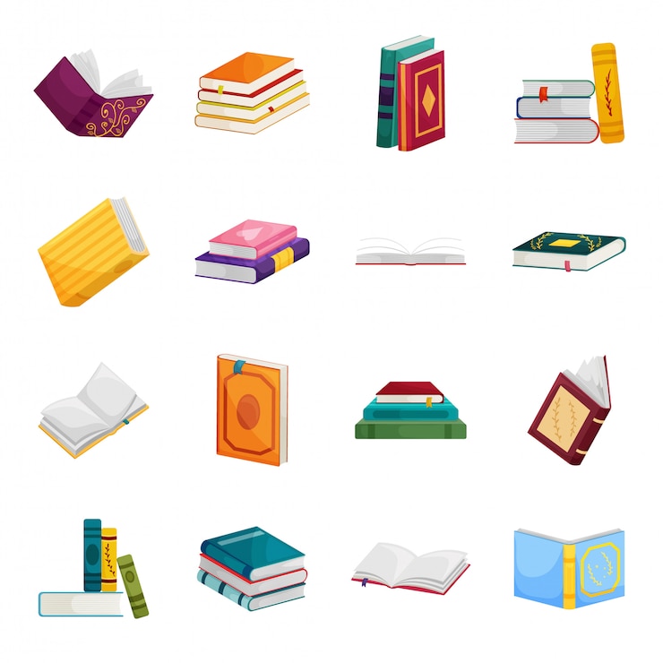 Vetor livro dos desenhos animados da biblioteca definir ícone. desenhos animados isolados definir ícone literatura escolar. livro da biblioteca.
