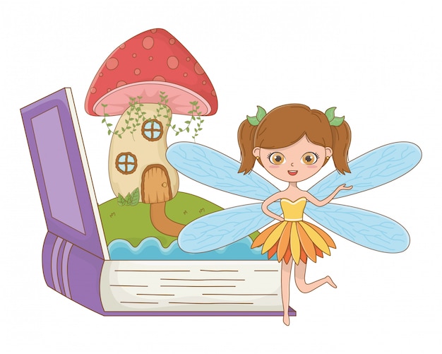 Livro e personagem de ilustração em vetor design de conto de fadas