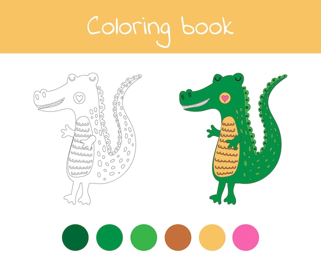 Livro para colorir com um lindo animal selvagem, um jacaré. Para crianças do jardim de infância, pré-escola e idade escolar. Ilustração vetorial.