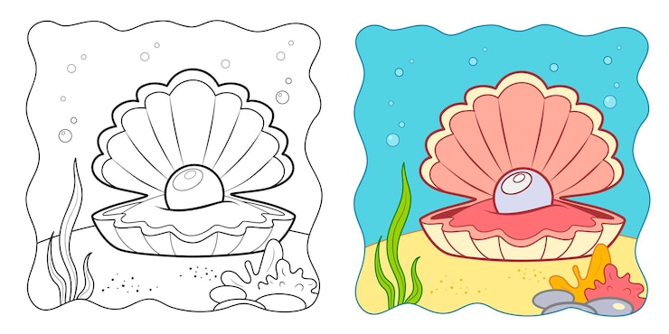 Vetor livro para colorir de fundo marinho ou página para colorir para crianças clipart vetorial de concha