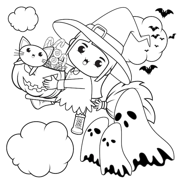 Livro para colorir de halloween, menina fofa bruxa 15