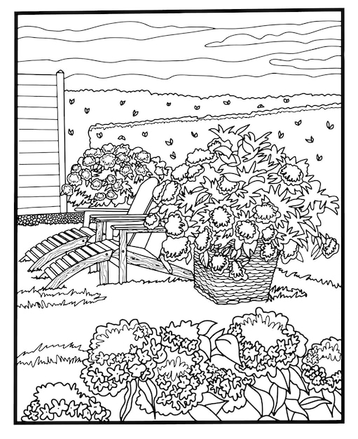 Vetor livro para colorir ilustração para colorir com flores do jardim linha de arte arteterapia fundo vetorial preto e branco