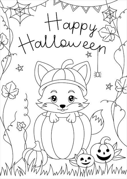 Vetor livro para colorir infantil de halloween com animais fofos em uma abóbora página para colorir