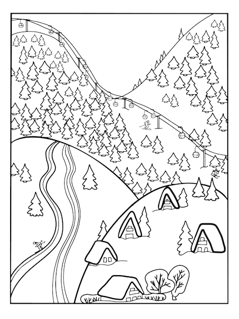 Livro para colorir linda paisagemmontanhas e vila no vale de inverno fundo de linha de arte vetorial