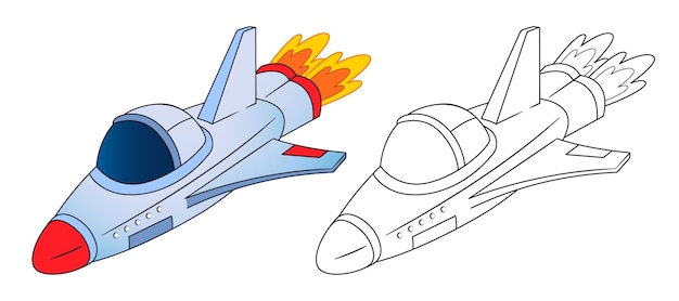Livro para colorir, nave espacial, ônibus voa entre as estrelas. ilustração vetorial em estilo cartoon, linha preta e branca