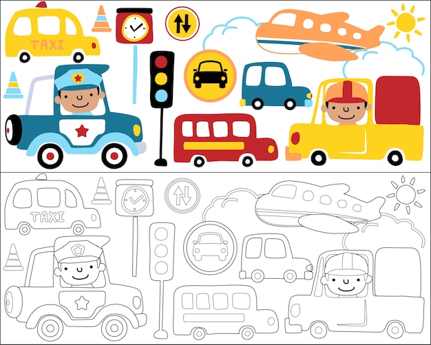 Vetor livro para colorir ou página com desenhos animados de equipamentos de transporte