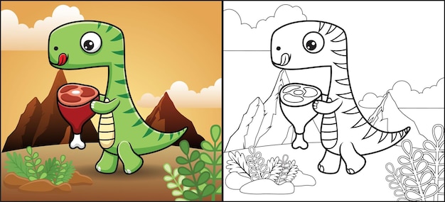 Livro para colorir ou página de desenho de dinossauro carregando carne no fundo da montanha