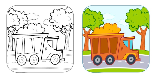 Livro para colorir ou página para colorir para crianças clipart vetorial de caminhão fundo da natureza
