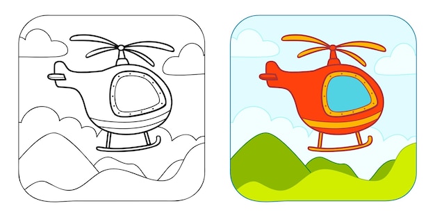 Livro para colorir ou página para colorir para crianças helicóptero vector clipart fundo da natureza