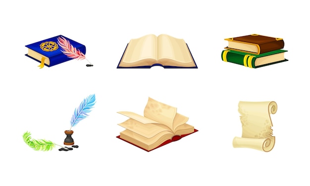 Livros antigos em capa dura com páginas e pergaminhos com conjunto de vetores de pena