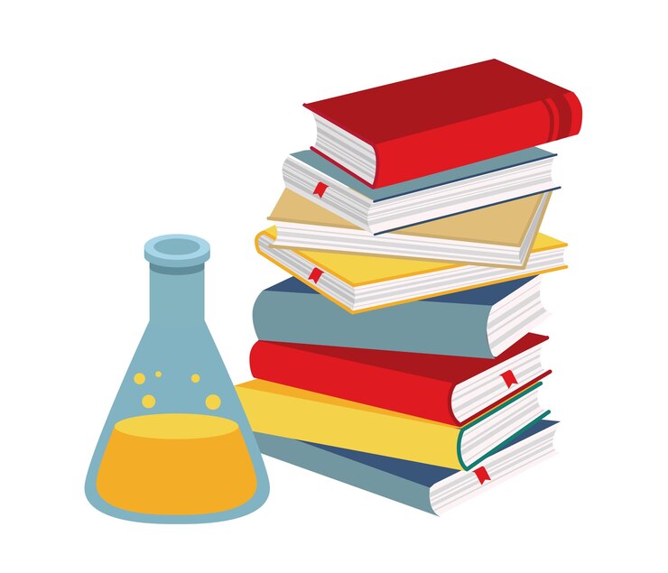 Vetor livros de ciência e experimentos em um laboratório