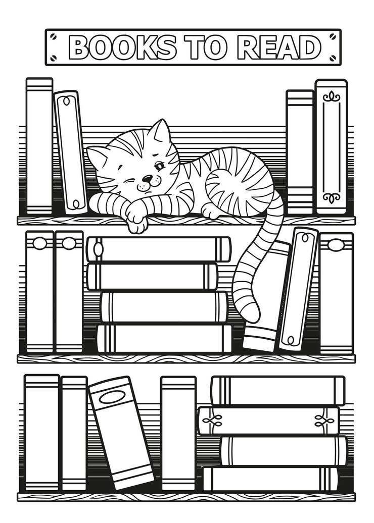 Vetor livros estilizados em preto e branco. gato dormindo em uma prateleira entre livros. coloração para adultos, rastreador de livros de inserção de diário com marcadores para impressão