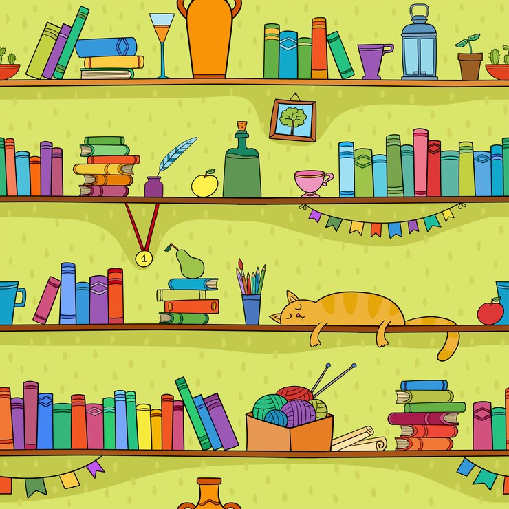 Vetor livros, gatos e outras coisas nas prateleiras. padrão sem emenda de vetor.
