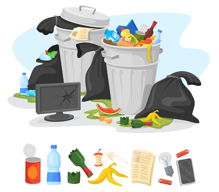 Vetor lixeira não classificada balde de lixo transbordando pilha de lixo da cidade sacos de lixo latas pilha de lixo dos desenhos animados lixeira de metal sujo estouro comida podre resíduos de plástico ilustração vetorial pura