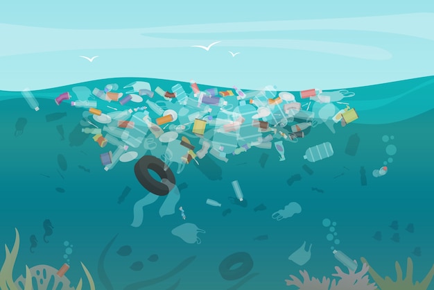 Lixo de poluição de plástico subaquático no oceano com diferentes tipos de lixo