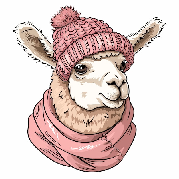 Vetor llama_alpaca_cabeça_com_scarf_e_chapéu_lama_animal