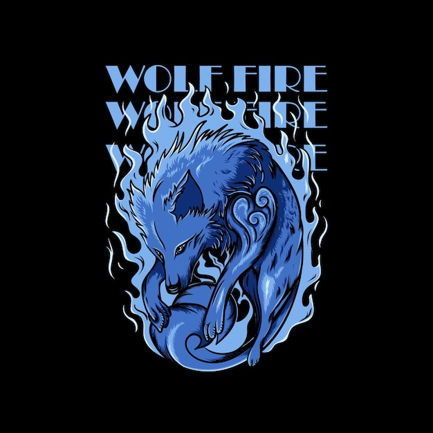 Vetor lobo azul rodeado de ilustração de chamas e letras wolf fire em um fundo preto