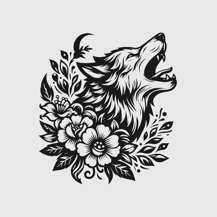 Vetor lobo com flores botânicas desenho de tatuagem negra vector