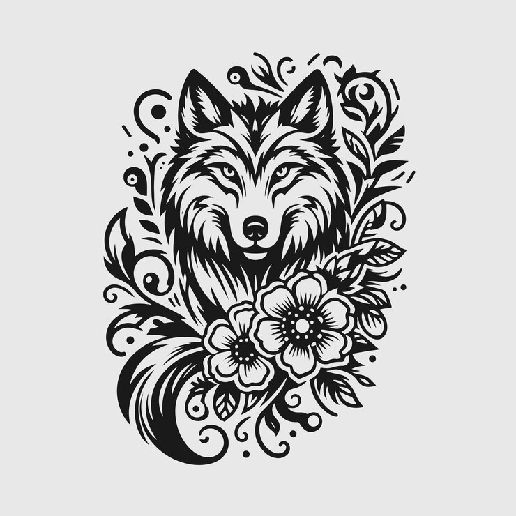 Vetor lobo com flores botânicas desenho de tatuagem negra vector