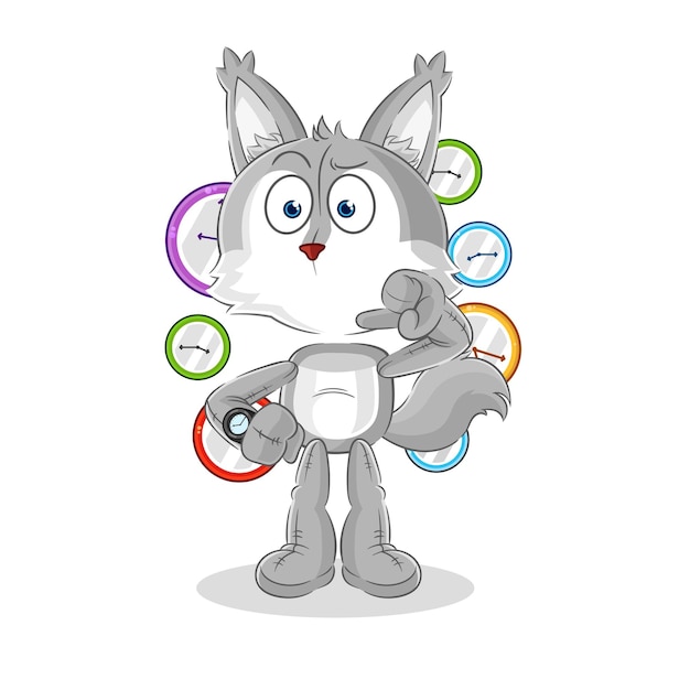 Lobo com vetor de mascote de desenho animado de relógio de pulso