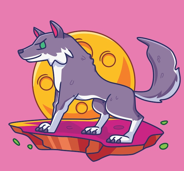 Lobo de desenho animado com lua cheia ilustração animal isolada ícone de etiqueta de estilo plano vetor premium