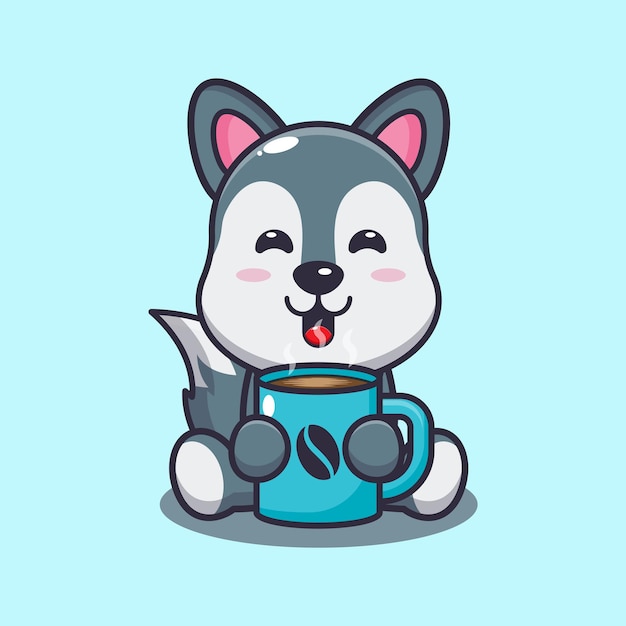 Lobo fofo com ilustração vetorial de desenho animado de café quente