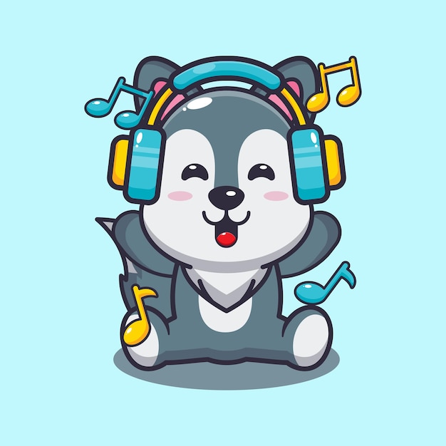 Lobo fofo ouvindo música com ilustração vetorial de desenho de fone de ouvido