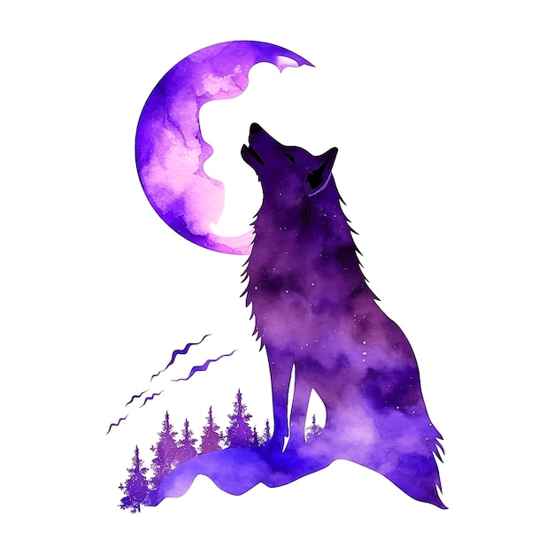 Lobo roxo uivando para a lua tinta aquarela