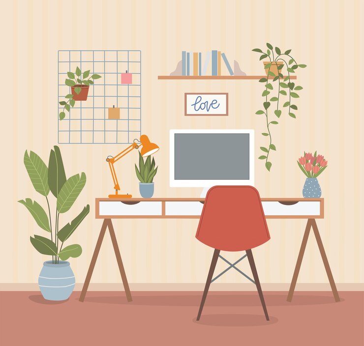 Vetor local de trabalho com computador, quadro de humor e lâmpada. ilustração