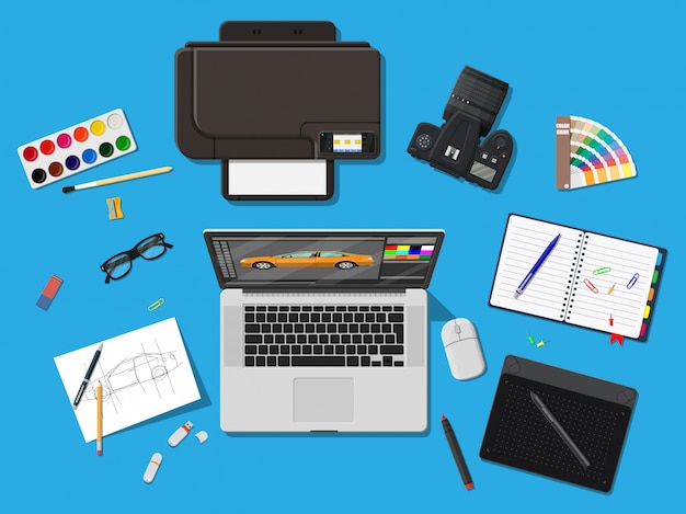 Local de trabalho de design. Área de trabalho do Illustrator com ferramentas