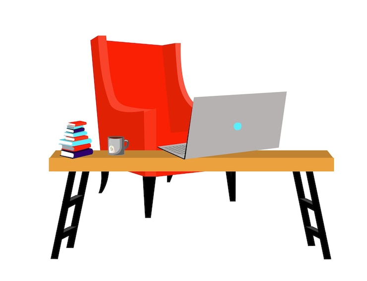 Vetor local de trabalho. secretária e portátil. livros na mesa