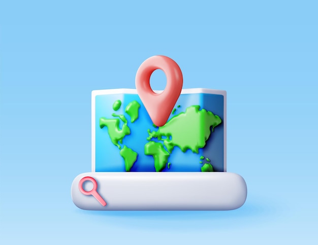 Localização 3D mapa de papel dobrado barra de pesquisa e pin