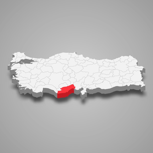 Localização da região de mersin no mapa 3d da turquia