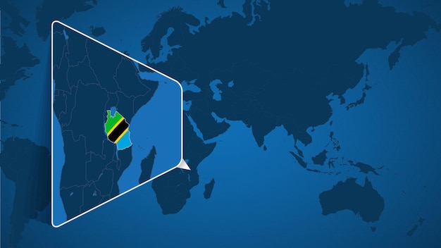 Vetor localização da tanzânia no mapa-múndi com mapa ampliado da tanzânia com bandeira
