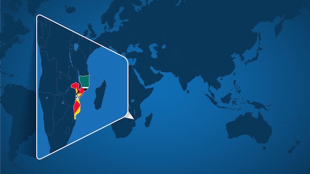 Vetor localização de moçambique no mapa do mundo com mapa ampliado de moçambique com bandeira