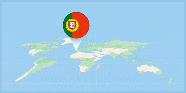 Localização de portugal no mapa mundial marcada com o alfinete da bandeira de portugal