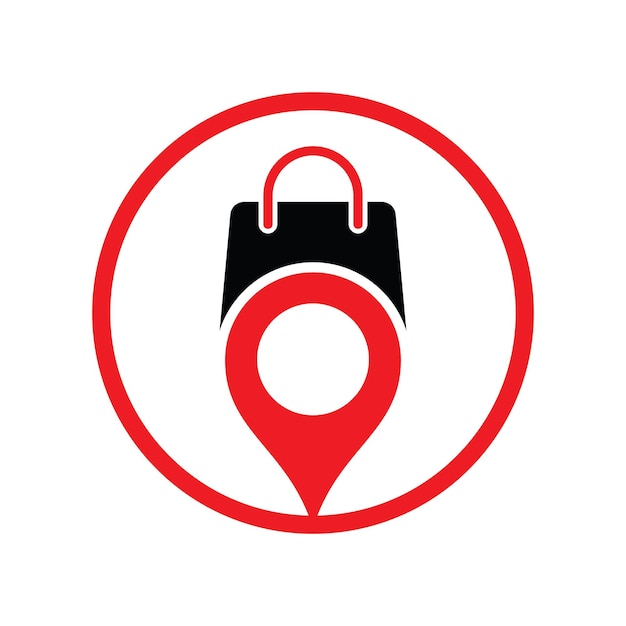 Vetor localização do pino do mapa com design de logotipo de sacola de compras pin point shop e elemento de design de logotipo de compras