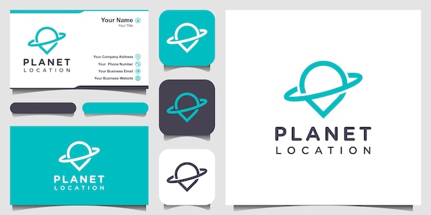 Localização do planeta com estilo de arte de linha, logotipo e design de cartão de visita.