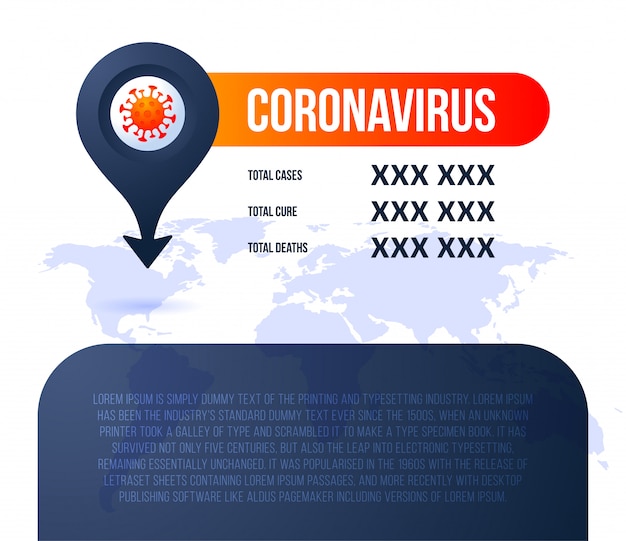 Localização dos pinos o mapa covid-19 confirmou casos, cura e mortes relatados em todo o mundo. atualização da situação da doença de coronavírus 2019 em todo o mundo. mapas e manchetes mostram situação e estatísticas