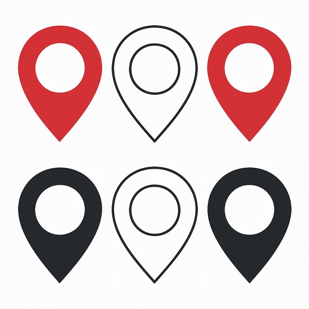 Vetor localização pins marcadores vermelhos e pretos em fundo branco