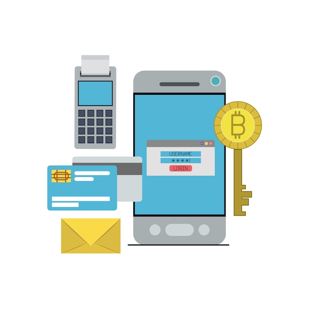 Vetor login de chave de moeda digital bitcoin no pagamento do smartphone