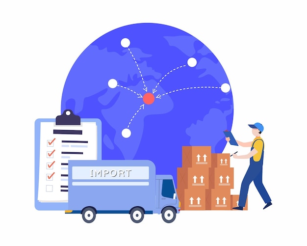 Vetor logística de exportação e importação distribuição mundial transporte de carga entrega de correio por caminhão