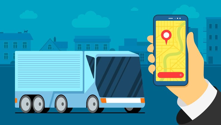 Vetor logística de reboque de caminhão de carga futurista no ponto de localização do navegador do mapa da cidade urbana no smarthpone