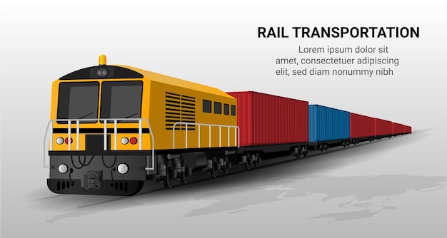 Vetor logística de transporte ferroviário conceito de trem de carga transporte ferroviário logística de entrega global entrega de trem exportação ou importação de carga armazém de trem de carga de contêineres ilustração vetorial 3d