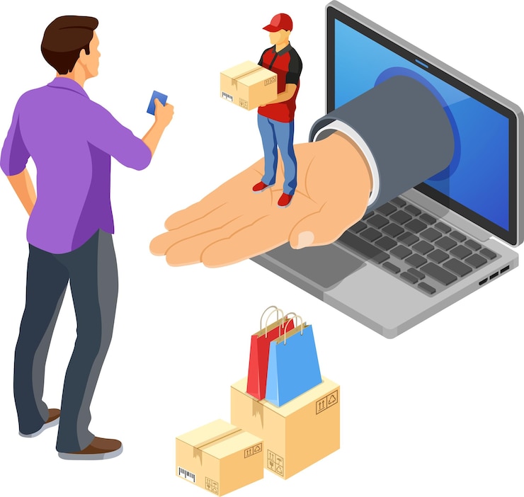 Vetor logística e entrega isométrica de compras na internet