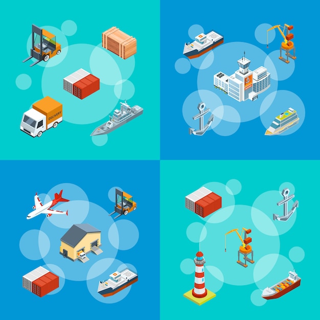 logística marinha isométrica e porto conjunto ilustração