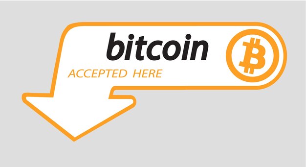 Logo Bitcoin da moeda criptográfica com uma inscrição aceita aqui em um fundo branco Adesivo de bloco para organizações slabbarking para páginas da web ou impressão de logotipo bitcoins ilustração vetorial