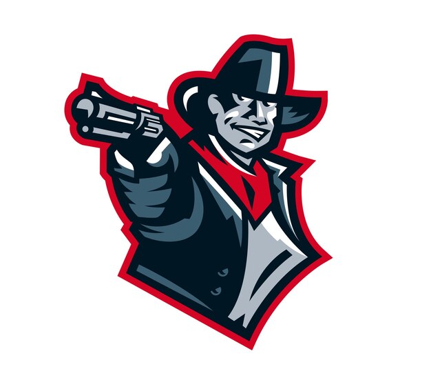 Logo cowboy atirando de um revólver bandidos do oeste selvagem xerife crime mascot adesivo emblema ilustração do vetor de identidade esportiva