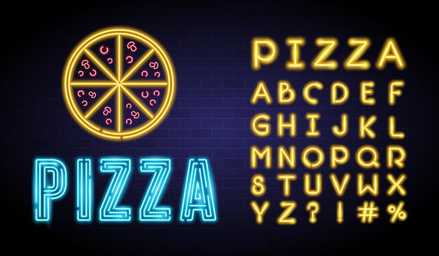 Logo da pizza com elemento brilhante de luz neon