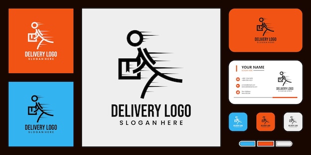 Vetor logo de entrega com ilustração de modelo vetorial de homem com design de modelo de cartão de visita